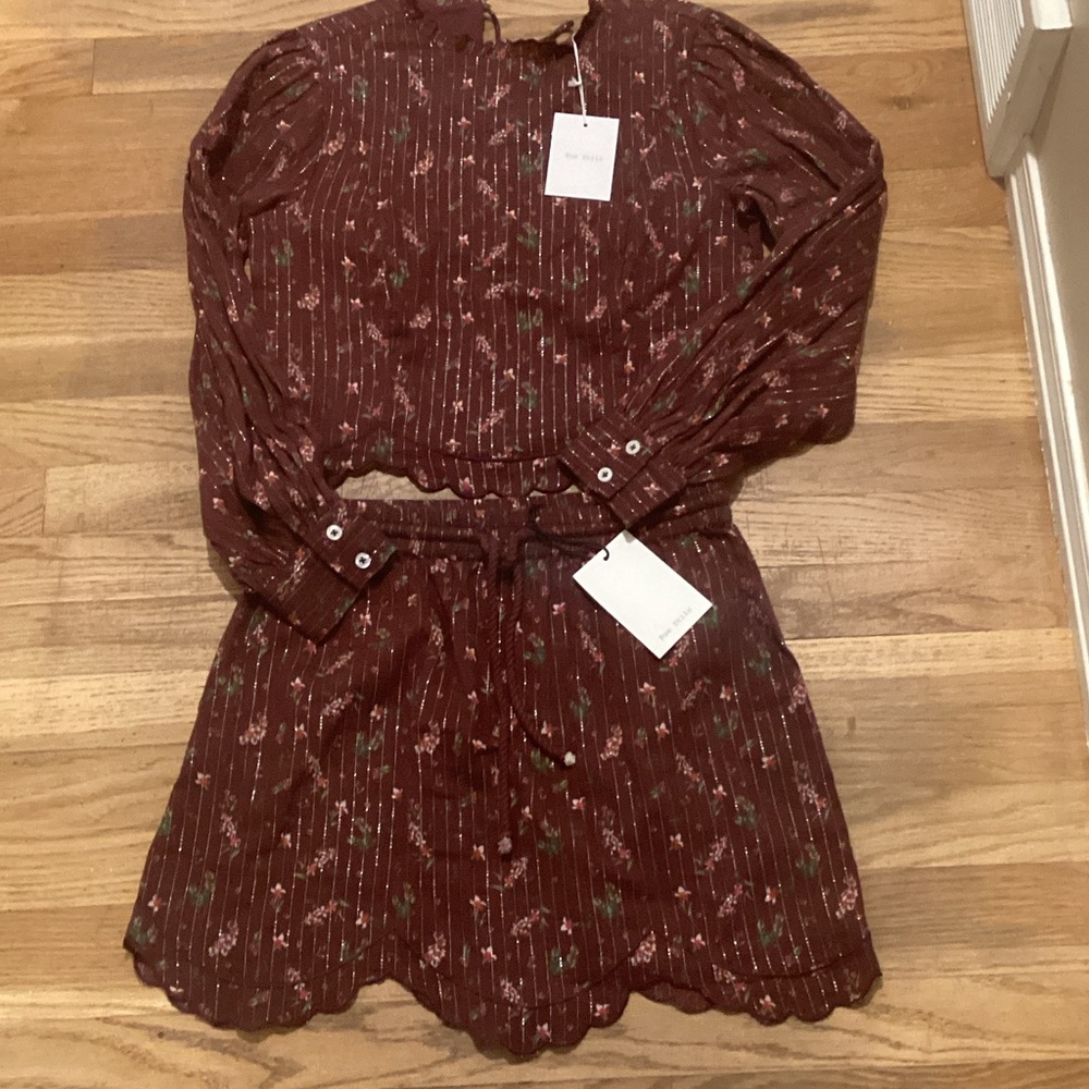 Floral Long Sleeve blouse and Skirt with Scalloped Hem